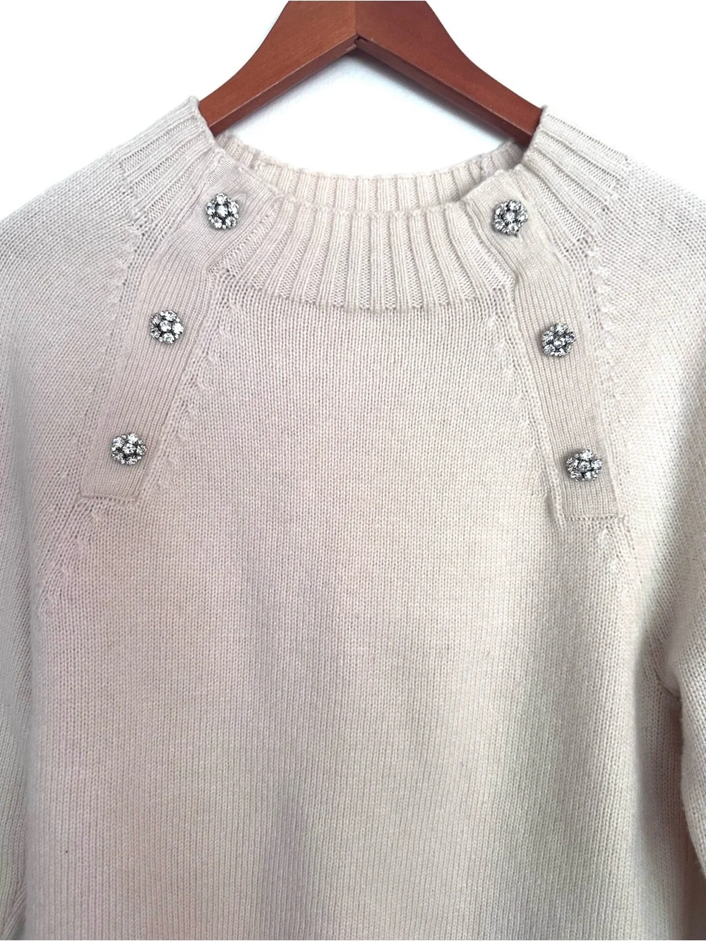 J. Crew Cream Crewneck Sweater with Diamond Rhinestone Buttons Size Medium